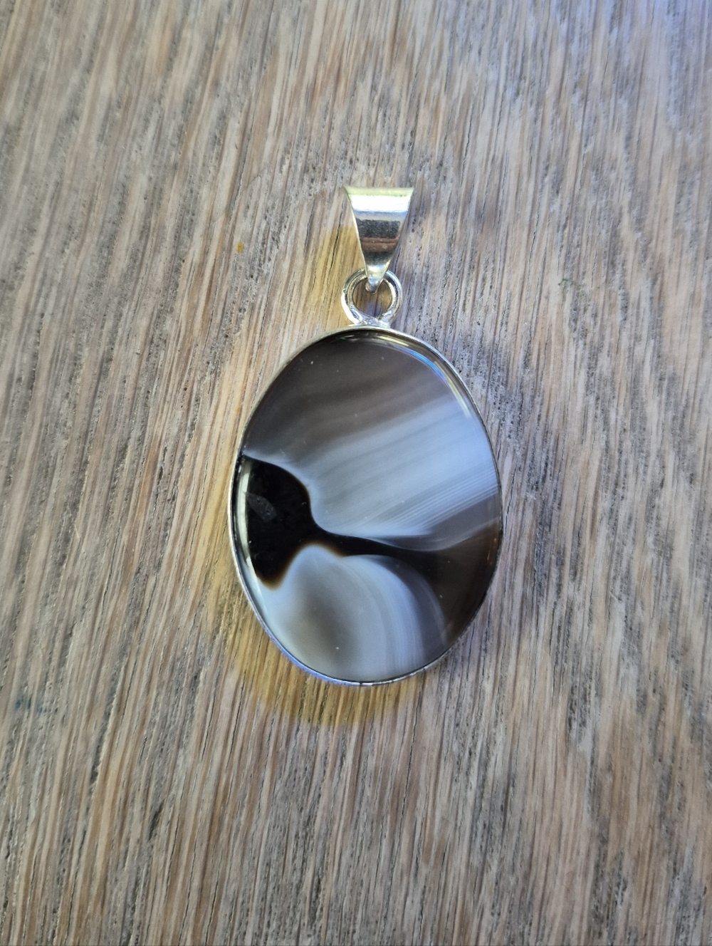 Silver Black & Gray Agate Oval Pendant